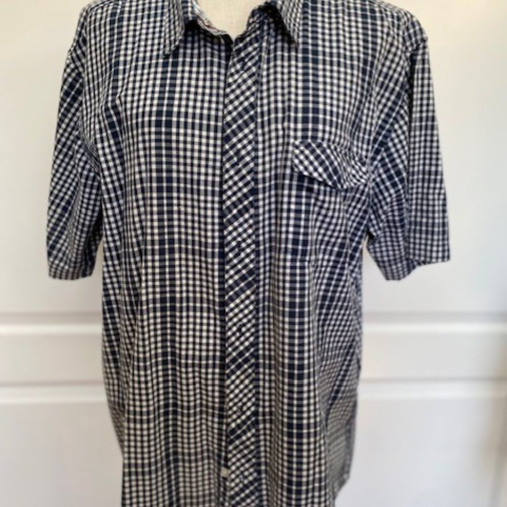 Mens Paper Denim & Cloth Navy Blue Checkered Short Sleeve Button Down Shirt: 2XL